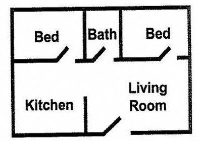 Floor plan for 2 beds, 1 bath, 900 sqft
